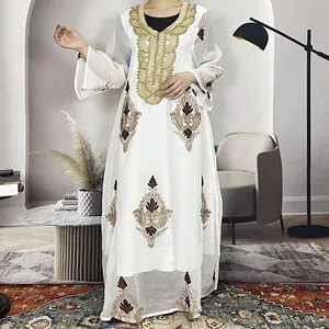 Luxury v neck kaftan ethnic chiffon embroidery jalabiya gold pattern pearl beading abaya dubai ramadan caftan long party dress