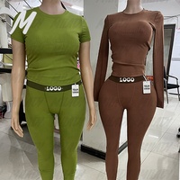 Ensemble Deux Pièces Femme Personnalisable Col Rond Côtelé Bodycon Tenue Printemps Décontracté Débardeur et Short de Sport