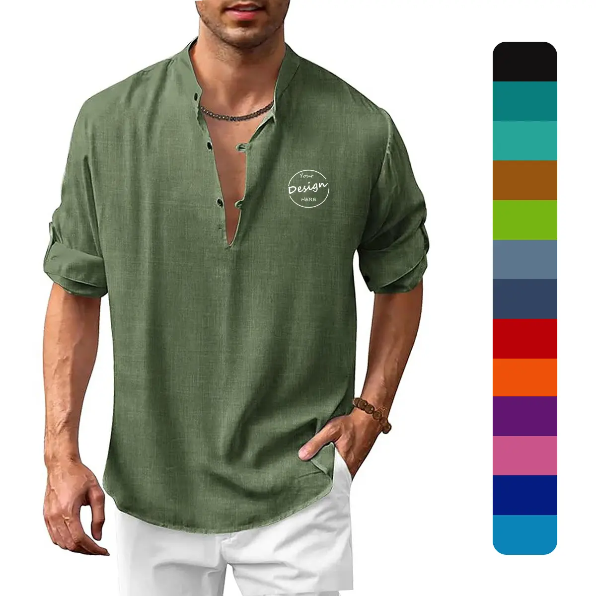 Custom Logo Autumn Causal Style Roll Up Sleeve Band Collar Curved Hem Long Sleeve Slim Fit Shirt Henley Shirt For Men