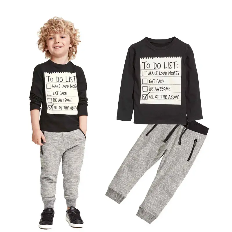 Hot Sale Europe Kinder Junge Sport T-Shirt mit schwarzen Buchstaben Hose Baumwolle zweiteiligen Anzug
