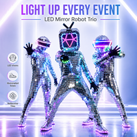 Costume de robot miroir avec casque LED, visière néon argentée, combinaison intégrale, pour scène, DJ, homme, danse, gants, tenue de fête futuriste