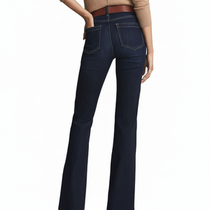 กางเกงยีนส์ขาบานเข้ารูปเอวสูงสีน้ำเงินเข้มสำหรับผู้หญิง OEM - Product Image 1