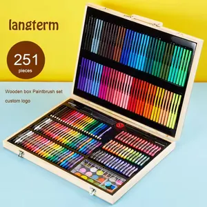 Wholesale Watercolor Pen Crayon Powder Drawing Tools 251 Pcs Wooden Box Painting Gift Set For Kids School Art Supplies