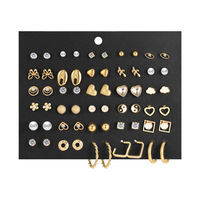 Anting-anting tusuk berlian imitasi motif bunga hati peach Model 5608201, set 30 buah, bahan alloy emas, gaya Instagram, simpel retro