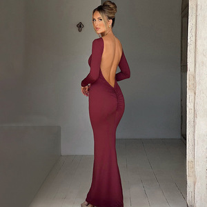 Abito lungo da donna slim fit sexy senza schienale con scollo a barchetta e <span class=keywords><strong>maniche</strong></span> <span class=keywords><strong>lunghe</strong></span>, aderente per serate, feste e cocktail - Collezione Autunno - Product Image 2