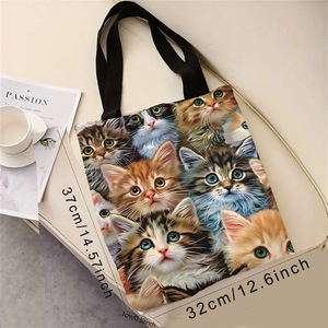 Bolsa de Compras de Algodón para Mujer, Tamaño Mediano, Pintada a Mano con Dibujos Animados de Gatos, Bolsa de Hombro de Lona - Product Image 3
