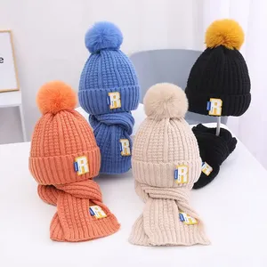 New Autumn Winter Unisex Beanie Cap Multi Color R Label Custom Hat Scarf Children Adult Warm Casual Knitted Scarf Set