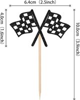 Décorations de cupcakes en forme de drapeau de course à carreaux, piques à cupcakes en forme de drapeau de ligne d'arrivée de voiture de course à paillettes noires pour fête d'anniversaire sur le thème de la course