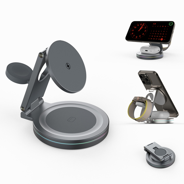 Portable 3 in 1 Foldable Magnetic Wireless Charger 4 in 1 Wireless Charging Station with 360 Degree Rotation for iPhone Samsung