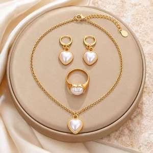 Fashion Gold Crystal Rhinestone Necklace Earrings Ring <b>Sets</b> White Heart Pendant Wedding Engagement Party <b>Gift</b> Jewelry for <b>Women</b> - Product Image 4