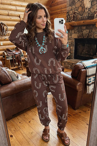 Conjunto de 2 piezas para <span class=keywords><strong>mujer</strong></span> al por mayor, estilo vintage <span class=keywords><strong>vaquero</strong></span> occidental con estampado de herradura, sudadera de manga larga, conjunto informal holgado para otoño - Product Image 6
