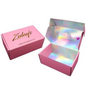 Benutzer definierte Laser Regenbogen kosmetische Schönheit Verpackung Box rosa Wellpappe Mailer Box holo graphische Parfüm Versand kartons