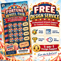 Billets de loterie à gratter en carton, personnalisés en usine, avec impression offset couleur intégrale, à thème Wheel Fair, gagnants, à gratter instantanément