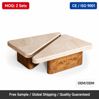Meubles sur mesure de luxe privés, table basse en travertin avec base en bois de burl, surface émaillée en deux parties, dessin CAO, service VIP