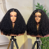 Grosir rambut palsu Bob keriting digambar ganda, Wig rambut manusia selaras kutikula perawan mentah, Wig depan renda tanpa lem 13x4 untuk wanita warna hitam