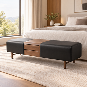 Modern Ash Solid Wood <b>Storage</b> Ottoman Upholstered Stool Leather Look Bed End <b>Bench</b> Entryway <b>Seat</b> - Product Image 1