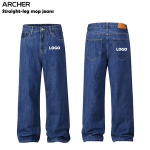 Logo personnalisé délavé coupe ample jambe large droite <span class=keywords><strong>jean</strong></span> vêtements de travail <span class=keywords><strong>français</strong></span> pour hommes bleu longueur de plancher denim - Product Image 1