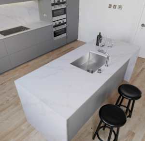 Premium Unique Gold Veins Calacatta Atlantic Cloud Losa de cuarzo artificial 3200*1600 Encimera de cocina Isla Superficie pulida - Product Image 5