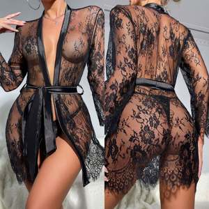 H3971 Robe de nuit légère en dentelle, peignoir d'intérieur, robe érotique européenne et américaine, lingerie sexy, pyjama de séduction, taille M - Product Image 1