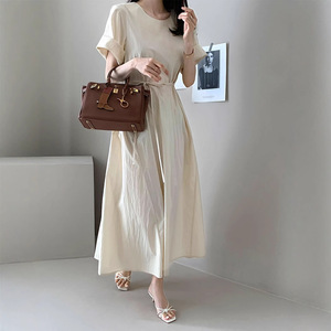 <span class=keywords><strong>Robe</strong></span> maxi décontractée élégante pour femmes, <span class=keywords><strong>été</strong></span>, couleur unie, col rond, <span class=keywords><strong>manches</strong></span> <span class=keywords><strong>courtes</strong></span>, avec ceinture, style chic coréen - Product Image 2