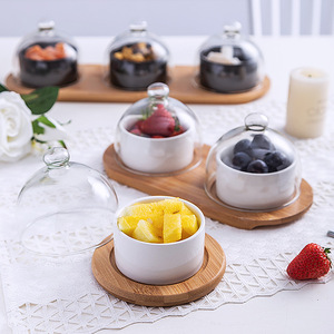 Dessert <b>Serving</b> Tray with Glass Cover <b>Ceramic</b> Small Snack Pudding Salad <b>Bowl</b> Dessert <b>Bowl</b> With Bamboo Tray and Lid - Product Image 1
