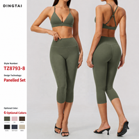 Ensemble de sport Dingtai pour femme : Soutien-gorge de sport rembourré à col en V et pantalon capri taille haute à effet galbant, brossé et à séchage rapide