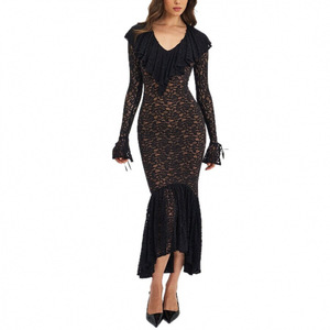 Vestido de Mujer con Patrón de Encaje, Sexy, Transparente, Elegante, Estilo Cola de Pez, Corte Ajustado, Manga Campana, Colección Otoño/Invierno 2026 - Product Image 5
