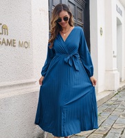 Personnalisé été femmes élégantes robes de soirée décontracté V profond à manches longues conception plissée grand ourlet dentelle décoration en mousseline de soie ordre