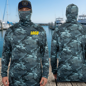 Chemise de pêche unisexe à capuche anti-UV UPF 50, ultra-fine, imprimée, en soie glacée respirante, avec protection faciale, séchage rapide, 100 % polyester - Product Image 1
