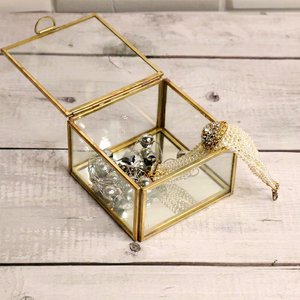 Elegant Square Brass <b>Glass</b> <b>Box</b> with Lid & Mirror Base Decorative Storage Organizer for Jewelry Makeup & Keepsakes - Product Image 1