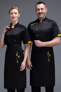 Uniforme de Chef de Verano de Algodón Tejido, Manga Corta, Doble Botonadura, Ropa de Trabajo de Cocina con Botones Dorados, Delantal de Cocina Profesional - Product Image 4