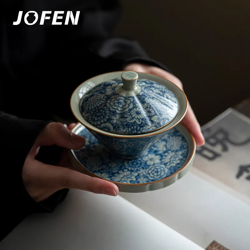 JOFEN Bol couvert de fleurs bleues et blanches chinoises de haute qualité Service à thé Kungfu Gaiwan