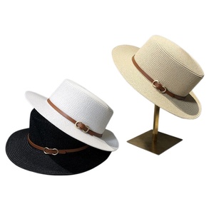 Hot Sale Flat Top Straw <b>Hat</b> With Leather Strap UV Protection Casual Panama Beach <b>Hat</b> Retro Style Men and Women - Product Image 1
