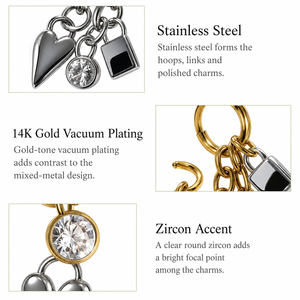 Boucles d'oreilles créoles pendantes en acier inoxydable plaqué or 14K sous vide, avec zircon et motif cœur, en métaux mélangés - Product Image 3