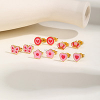 Anting-anting kancing kupu-kupu mahkota bunga enamel lucu berlapis emas 18K dari baja tahan karat, perhiasan pink custom untuk wanita, gadis, dan anak-anak