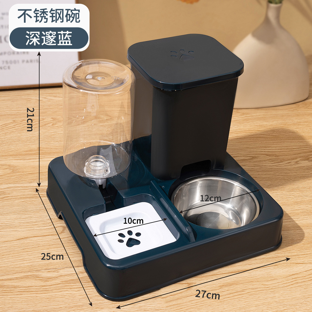 dark blue square feeder + stainless steel bowl