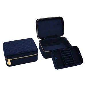 Wholesale Custom Stitching Small Tray Velvet Travel Jewelry Zipper Case Organizer Display Jewelry Storage Box