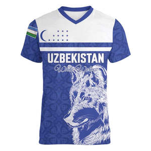 T-shirt con scollo a V personalizzata con mascotte del <span class=keywords><strong>lupo</strong></span> dell'Uzbekistan, dinamica, geometrica, a tema calcistico - Product Image 1