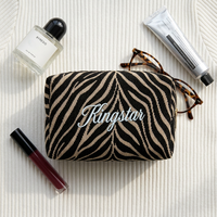 Sac de maquillage personnalisé en gros avec logo imprimé zèbre, pochette cosmétique en textile tissé noir et beige pour femme, voyage, luxe