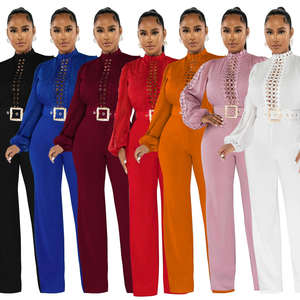 Fashion Formal Ladies Solid Color Rompers Puff Sleeve Hollow Out Belt Party Winter Women One Piece Jumpsuits