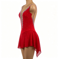 Robe de patinage artistique rouge sans manches pour spectacle, avec décolleté en V profond, dos ouvert en maille, strass et jupe asymétrique pour enfants