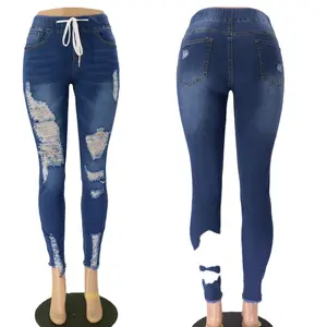 Women's Distressed Mid-Waisted High Stretch Skinny Fit Denim Casual Destroyed Washed Elastic Waistband String Jeggings Straight