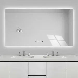 Espejo de baño LED desempañador de pantalla táctil inteligente con marco de aluminio iluminado con pantalla de tiempo