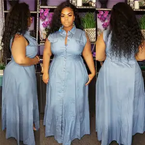 A96003 Rửa Cộng Với Kích Thước Denim Maxi Dài Dress Đối Với Phụ Nữ