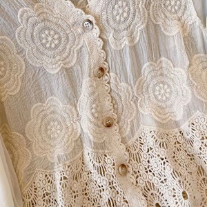 Women French V Neck Floral Lace <strong>Patchwork</strong> Blouse Puff Long Sleeve Button Down Cardigan Elegant Casual <strong>Shirts</strong> Tops - Product Image 4