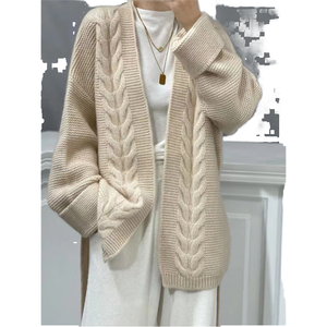 Suéter de lana 100% grueso de siete agujas para <span class=keywords><strong>mujer</strong></span>, personalizado, informal, antiarrugas, de longitud media, sin botones, holgado y de punto largo. - Product Image 1