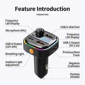 Émetteur <span class=keywords><strong>FM</strong></span> Justlink BT 5.0, chargeur de <span class=keywords><strong>voiture</strong></span> double USB QC3.0 rapide, appels mains libres, lecteur MP3 sans fil pour <span class=keywords><strong>voiture</strong></span> avec LED couleur - Product Image 2