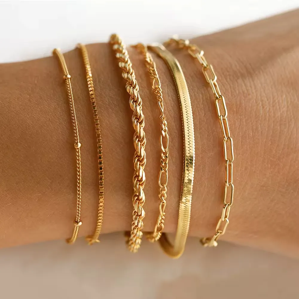 Minimalistisches zierliches 18k Gold vergoldetes Edelstahl-Herringbone-Armband Damen-Papierklammer-Seilbox Ketten-Armbänder Damen Alltag