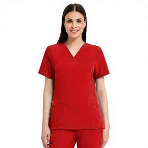 Haut de blouse médicale pour femme, col en V, noir, coton et polyester, tissé, uniforme d'hôpital, avec poches - Product Image 4