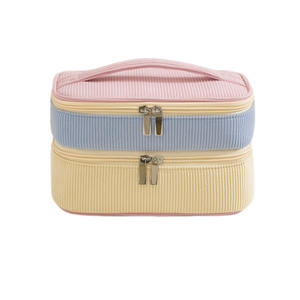 Sac de maquillage en velours côtelé double couche Beilian avec compartiments pour pinceaux, grande capacité, trousse de toilette de voyage - Product Image 2